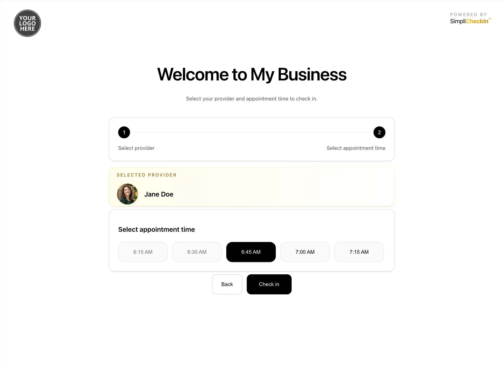 Appointment selection screen in SimpliCheckIn