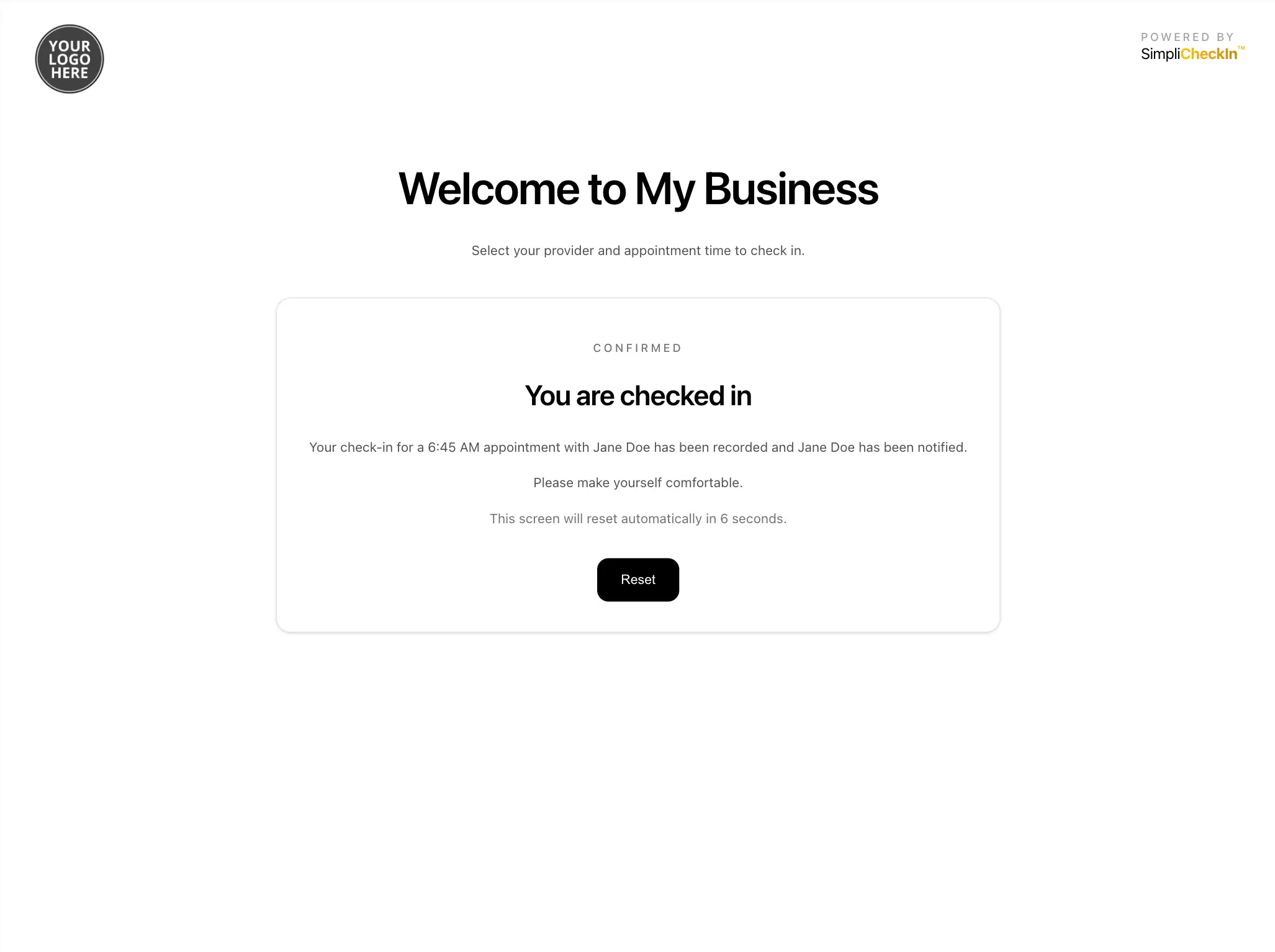 Check-in confirmation screen in SimpliCheckIn