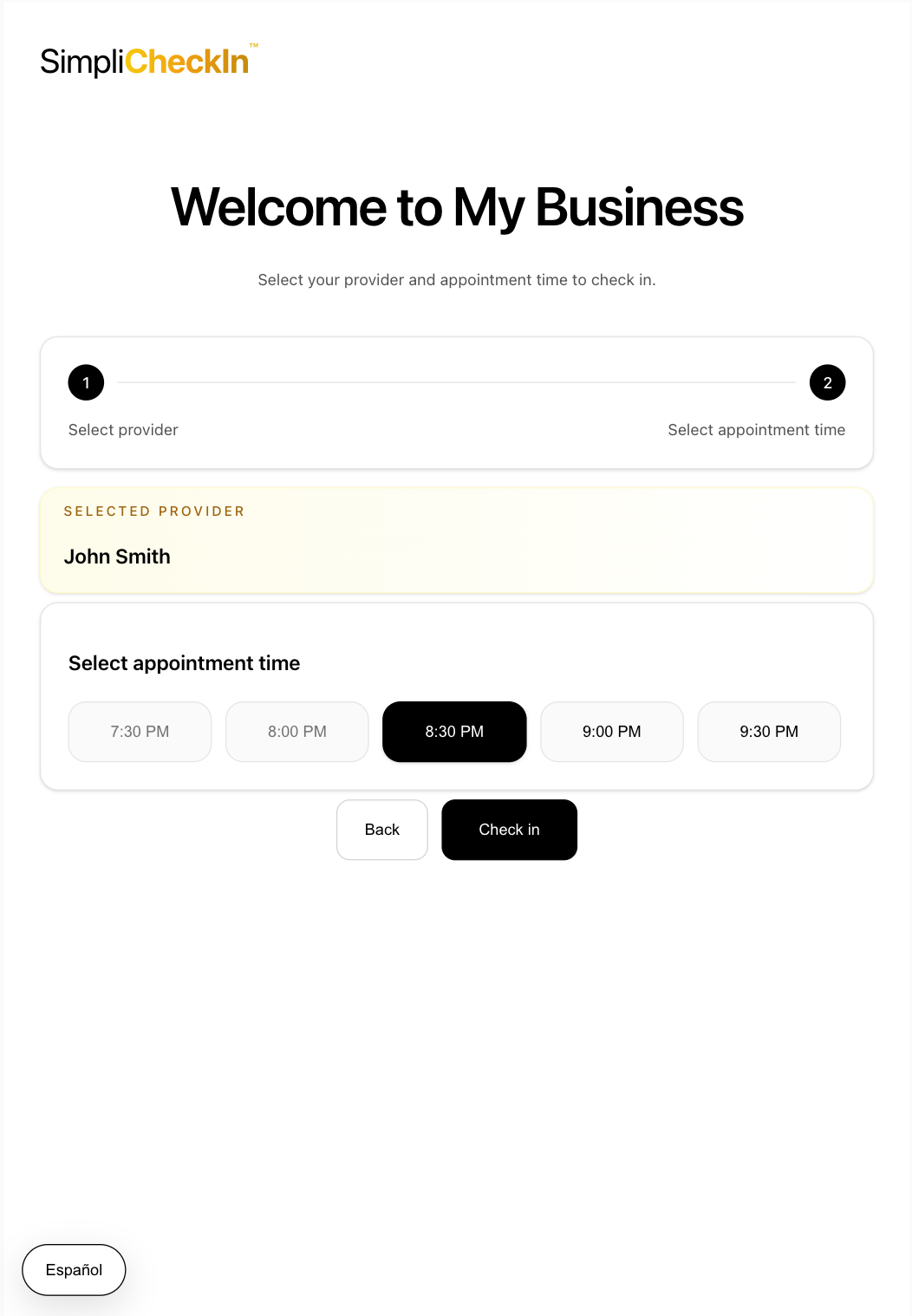 Appointment selection screen in SimpliCheckIn