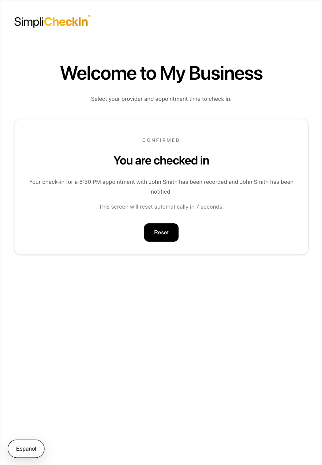Check-in confirmation screen in SimpliCheckIn