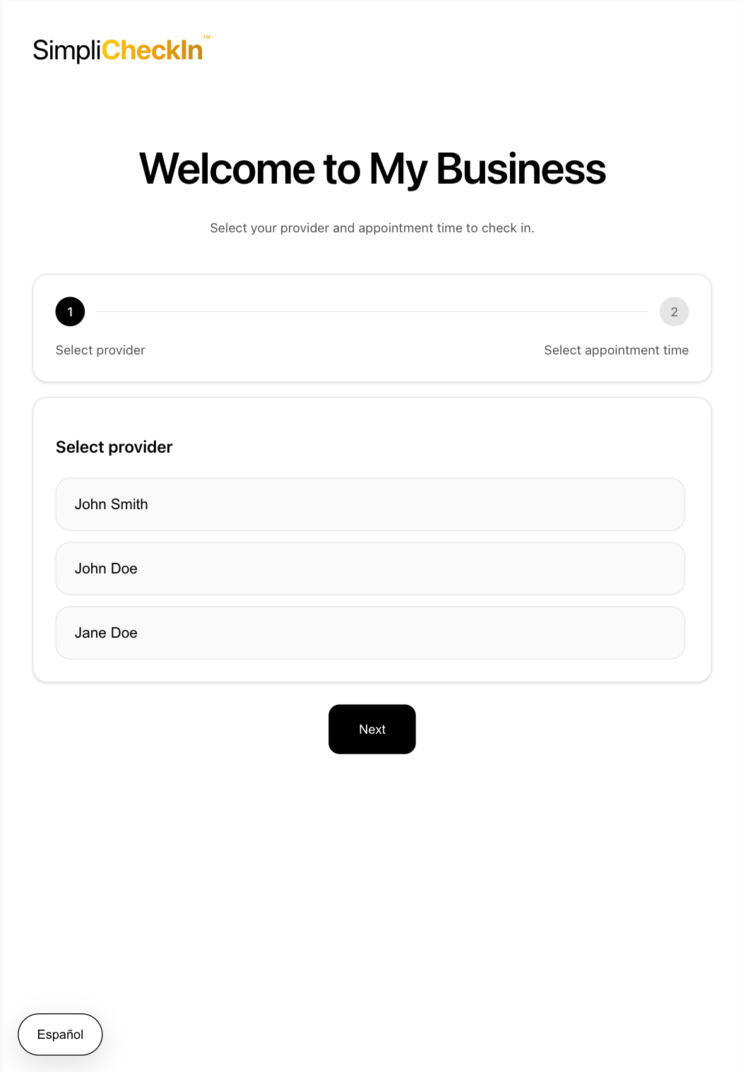 Provider selection screen in SimpliCheckIn